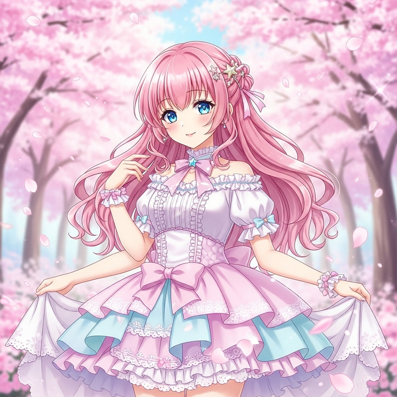 Cute Anime Girl in Enchanted Sakura Forest Cute Anime Girl in Enchanted Sakura Forest