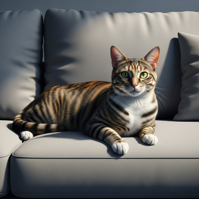 Beautiful Futuristic Tortoiseshell Cat on Sofa Beautiful Futuristic Tortoiseshell Cat on Sofa