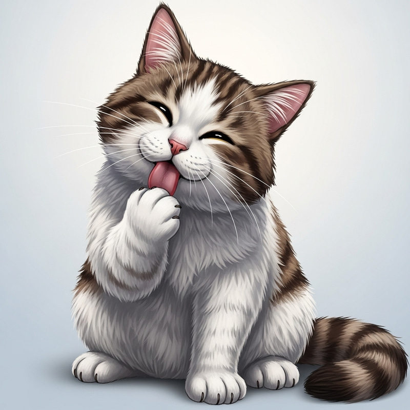Adorable White and Brown Cartoon Cat Licking Paw Adorable White and Brown Cartoon Cat Licking Paw