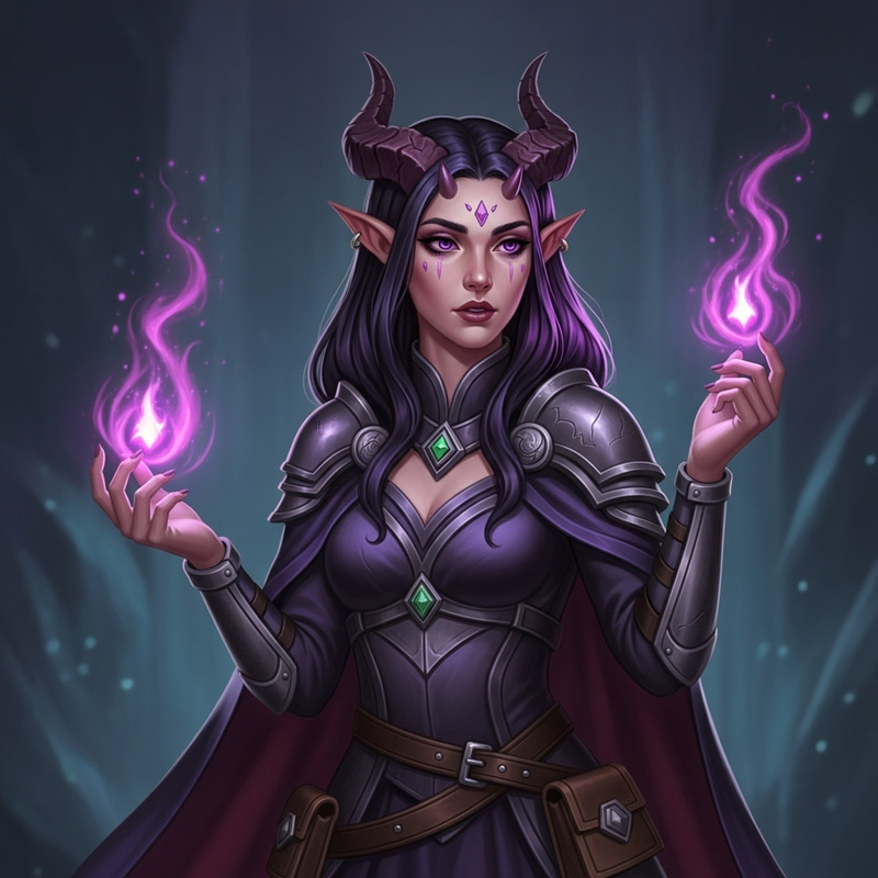 Enchantress Tiefling with Dark Purple Hair & Horns