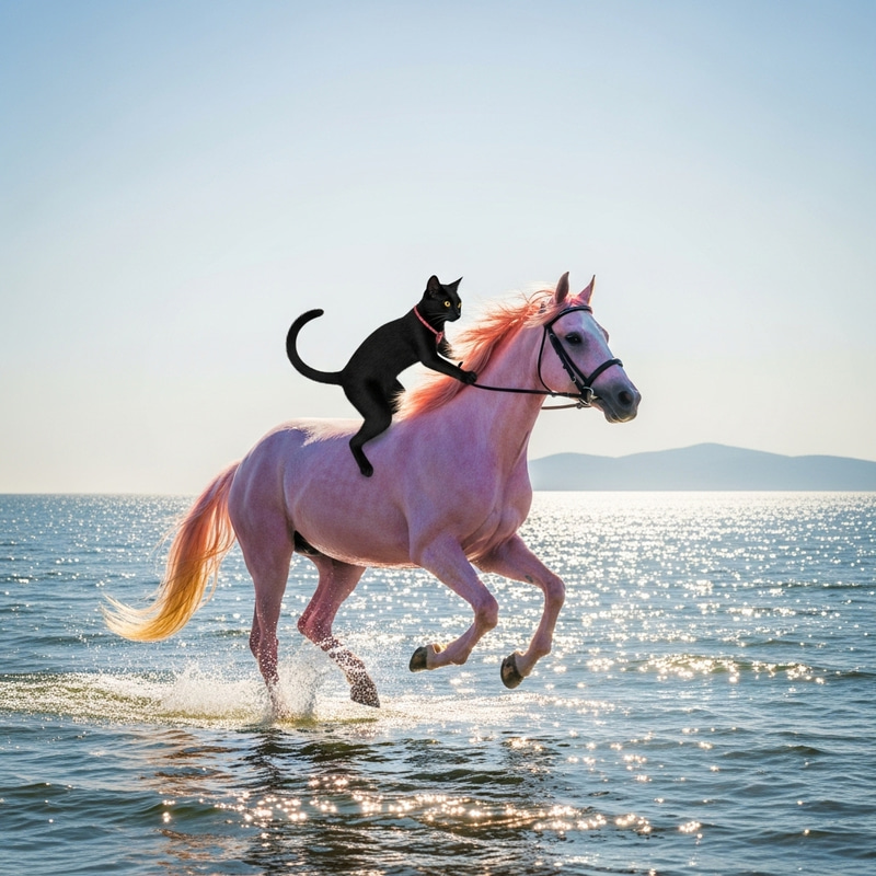 Black Cat Riding Pink Horse on Ocean - Majestic Wildlife Black Cat Riding Pink Horse on Ocean - Majestic Wildlife