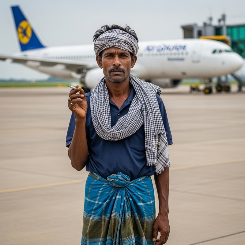 Lungi-Clad Man Relaxing by Airplane at Airport Lungi-Clad Man Relaxing by Airplane at Airport