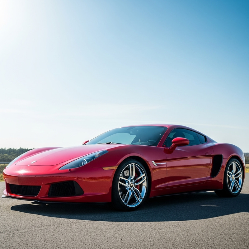 Sleek Red Car on Clear Blue Sky Sleek Red Car on Clear Blue Sky
