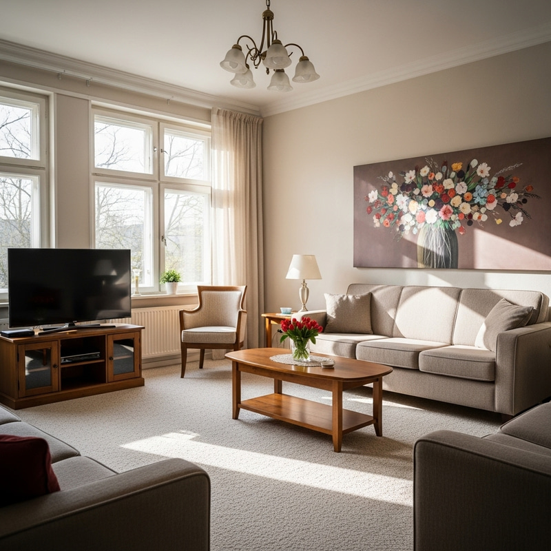 Vintage Living Room with Sunlit Flat Screen and Nude Poster