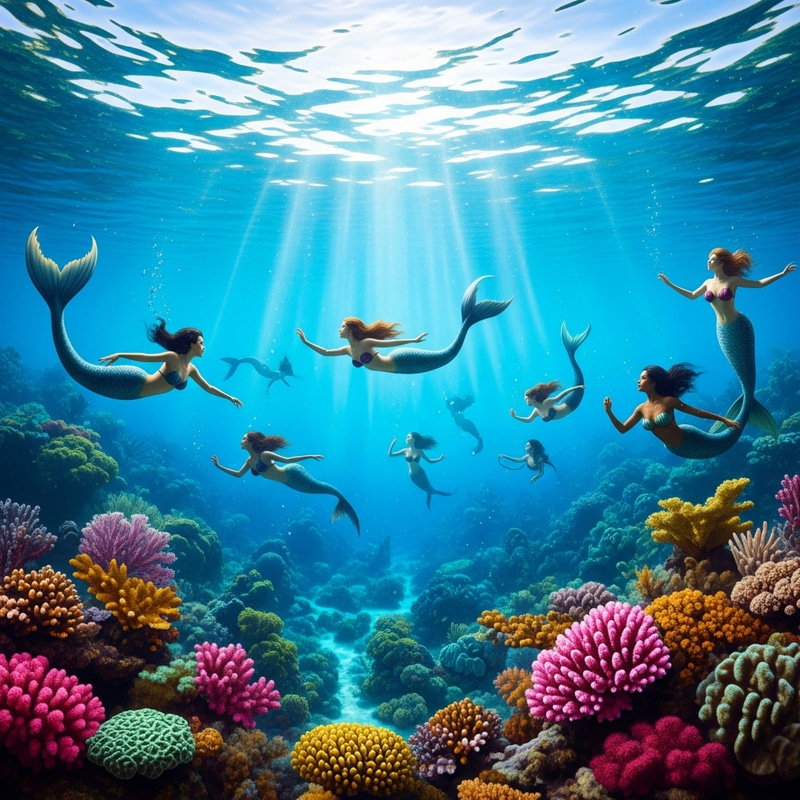 Surreal Underwater Fantasy: Vibrant Mermaids, Coral Reefs & Graceful Movements Surreal Underwater Fantasy: Vibrant Mermaids, Coral Reefs & Graceful Movements