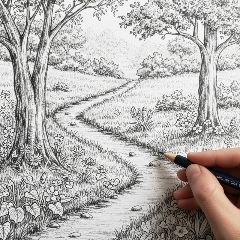Intricate Graphite Pencil Drawing of Nature-Inspired Path Intricate Graphite Pencil Drawing of Nature-Inspired Path