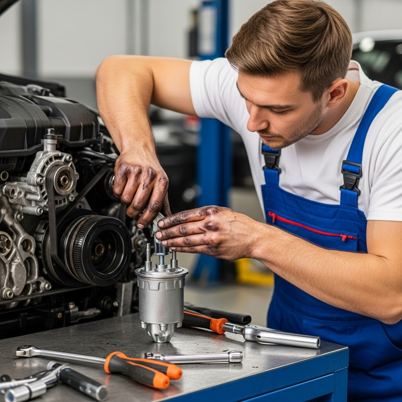 Male Mechanic Replacing Fuel Pump in Vehicle Engine Male Mechanic Replacing Fuel Pump in Vehicle Engine