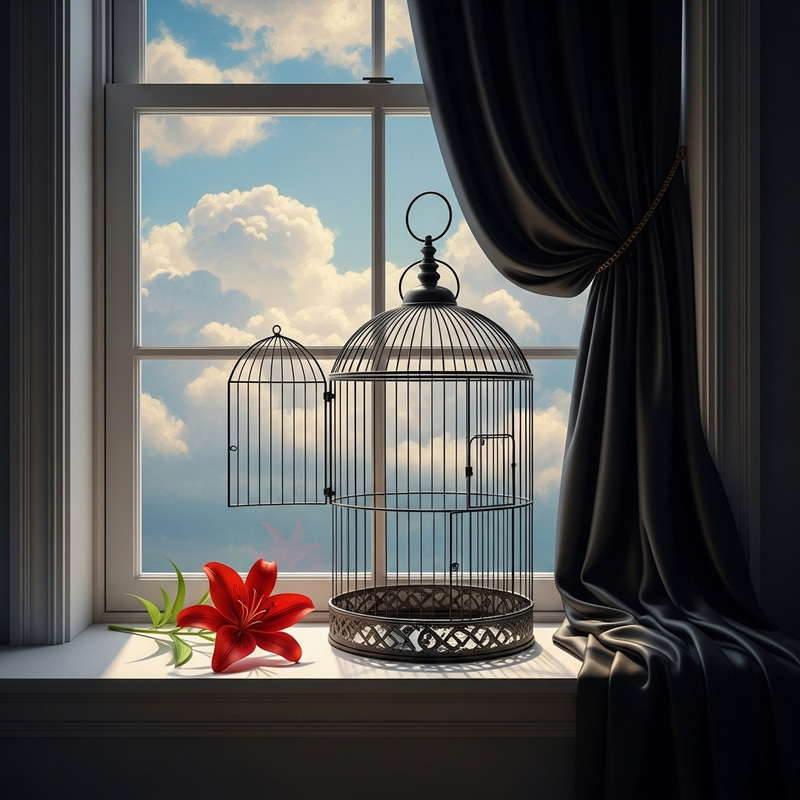 Dreamy Window Scene: Birdcage, Red Lily & Ethereal Sky View Dreamy Window Scene: Birdcage, Red Lily & Ethereal Sky View