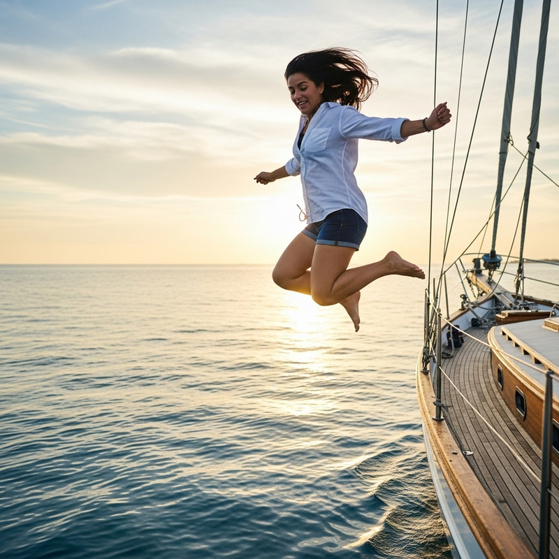 Sunset Boat Jump | Person Leaping off Classic Sailboat