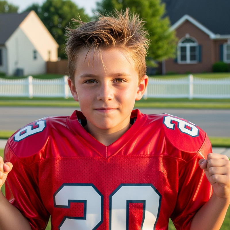 Young Boy in Red Football Jersey