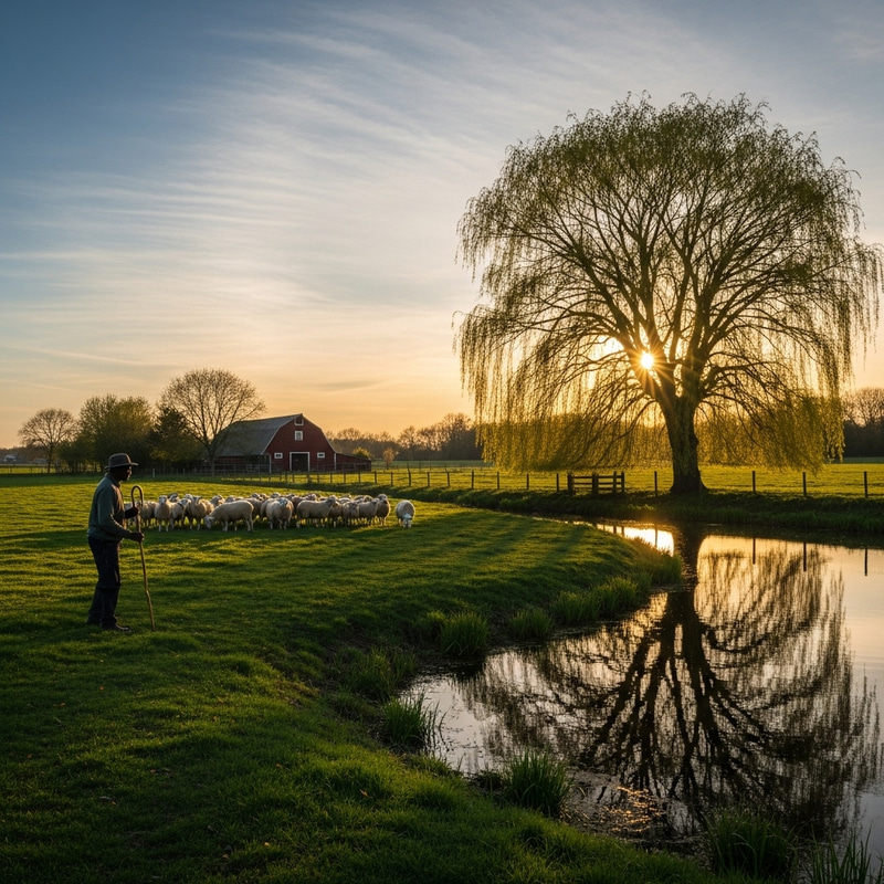 Beautiful Sunset Scene with Weeping Willow Tree in Rural Setting