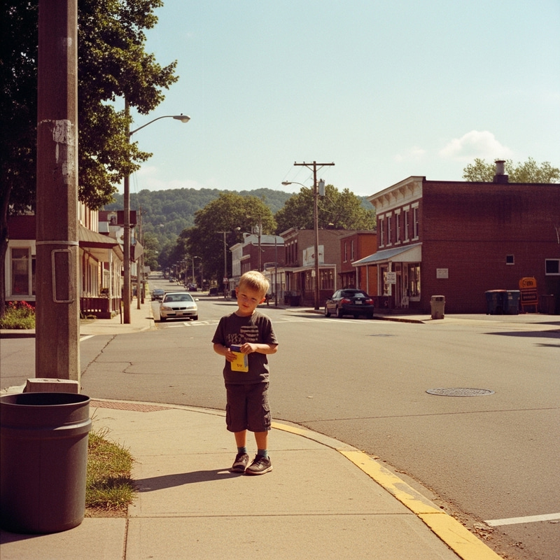 Nostalgic Wide-Angle Shot of Young Alex in Vintage Town Nostalgic Wide-Angle Shot of Young Alex in Vintage Town