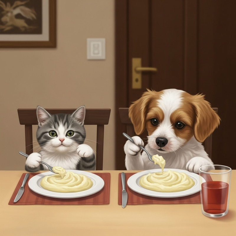 Heartwarming Cat & Dog Dining: Cozy Meal Scene Heartwarming Cat & Dog Dining: Cozy Meal Scene