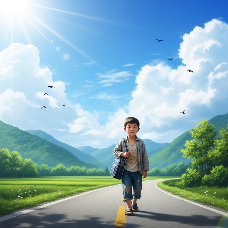 Serene Chinese Boy in Old Clothes with Schoolbag on Country Road Serene Chinese Boy in Old Clothes with Schoolbag on Country Road