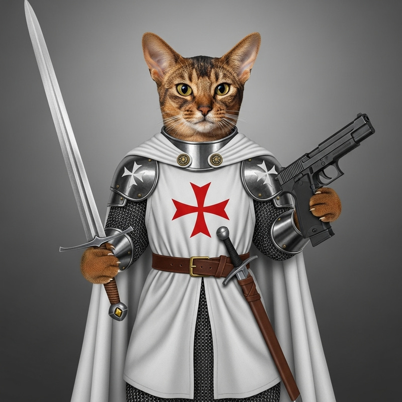 Abyssinian Cat in Chain Armor with Templar Cape and Weapons