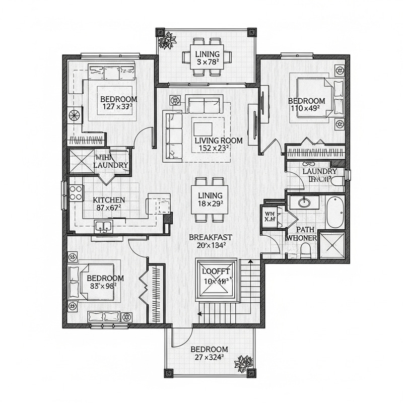 Professional Floor Plan Design for Kitchen, Living Room, Bedrooms, and Bathrooms
