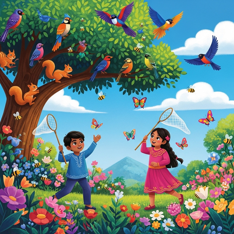 Colorful Children's Garden Illustrations with Squirrels, Bees, Birds, Butterflies Colorful Children's Garden Illustrations with Squirrels, Bees, Birds, Butterflies