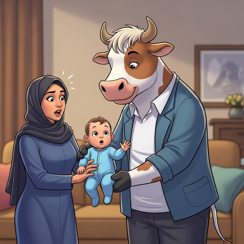 Cow Cartoon Grabs Baby - Unexpected Motherly Scene Cow Cartoon Grabs Baby - Unexpected Motherly Scene
