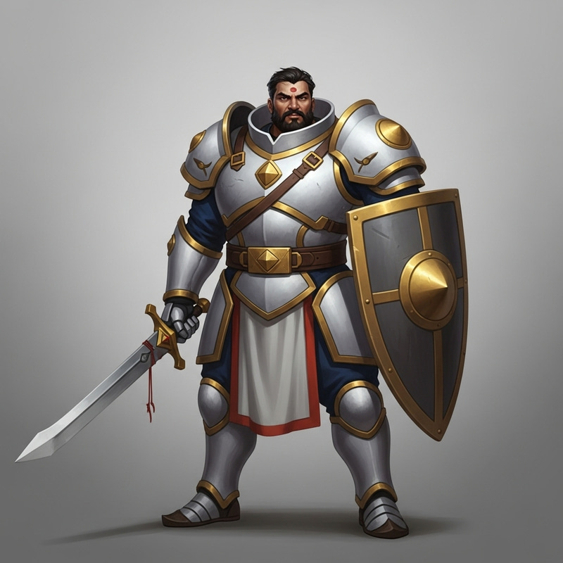 Strong Warrior in White Armor with Sword and Shield