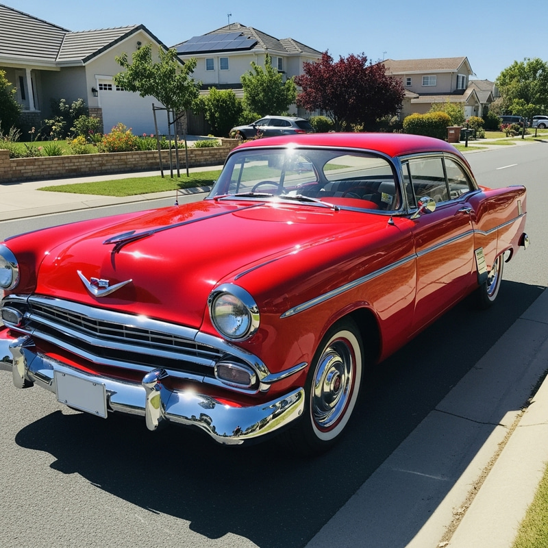 Classic Red Car on Suburban Street Classic Red Car on Suburban Street