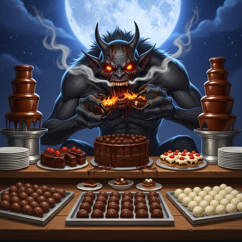 Nightmarish Creature Devouring Chocolaty Feast - Enchanting Scene Nightmarish Creature Devouring Chocolaty Feast - Enchanting Scene