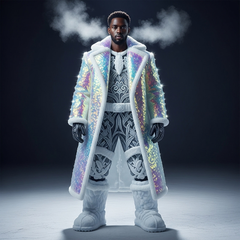 Ice Apparel: Stylish African Man in Frosty Outfit & Snow Shoes Ice Apparel: Stylish African Man in Frosty Outfit & Snow Shoes