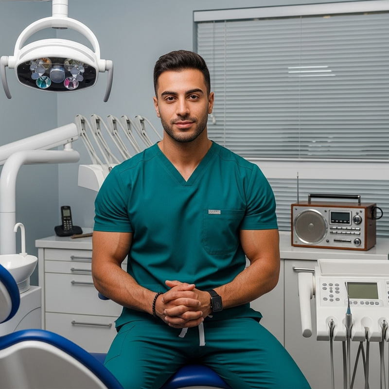 High Quality 8K Image of a Modern Dentist Office | Young Man Dentist in Stylish Scrubs