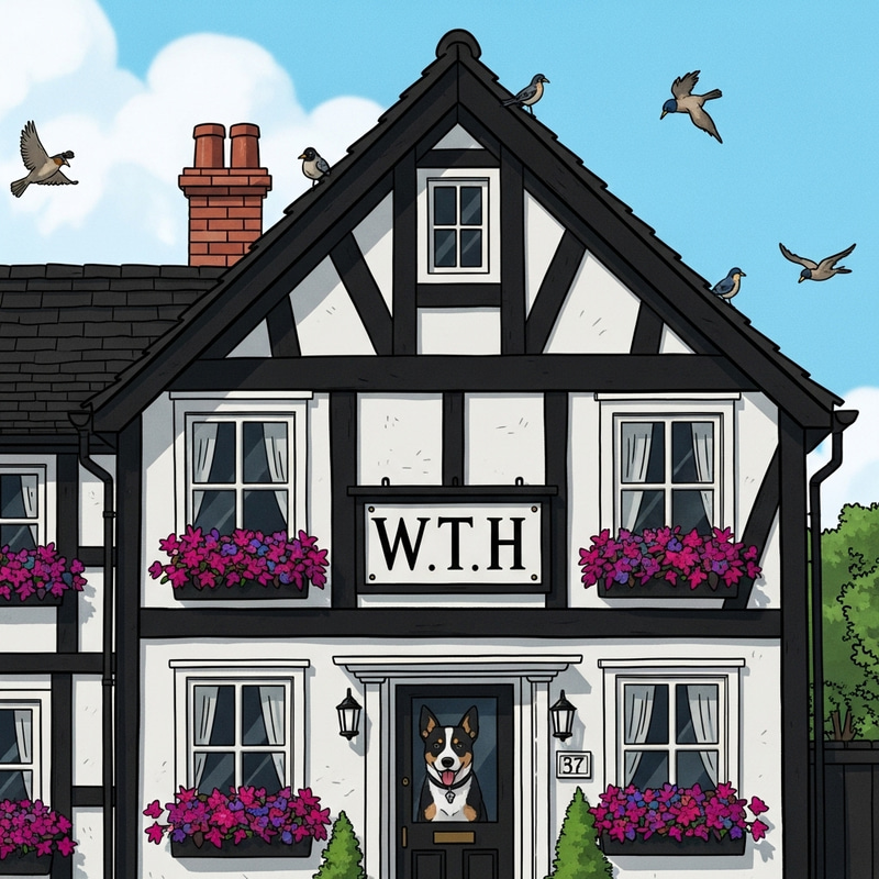 Whimsical Black and White House with Playful W T H Sign