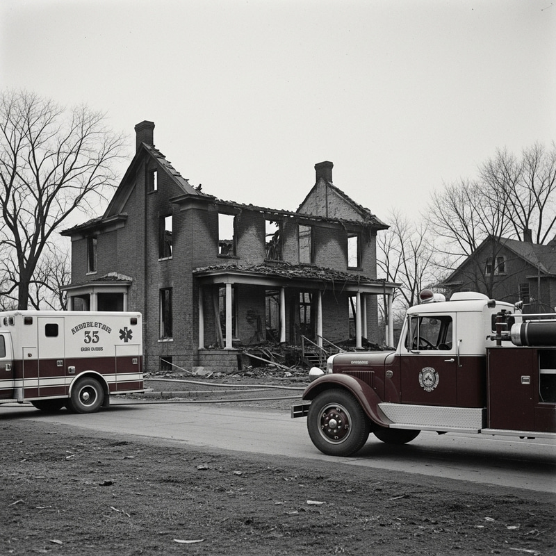 Devastating Fire Destroys Two-Story Brick House in 1920s American Town Devastating Fire Destroys Two-Story Brick House in 1920s American Town