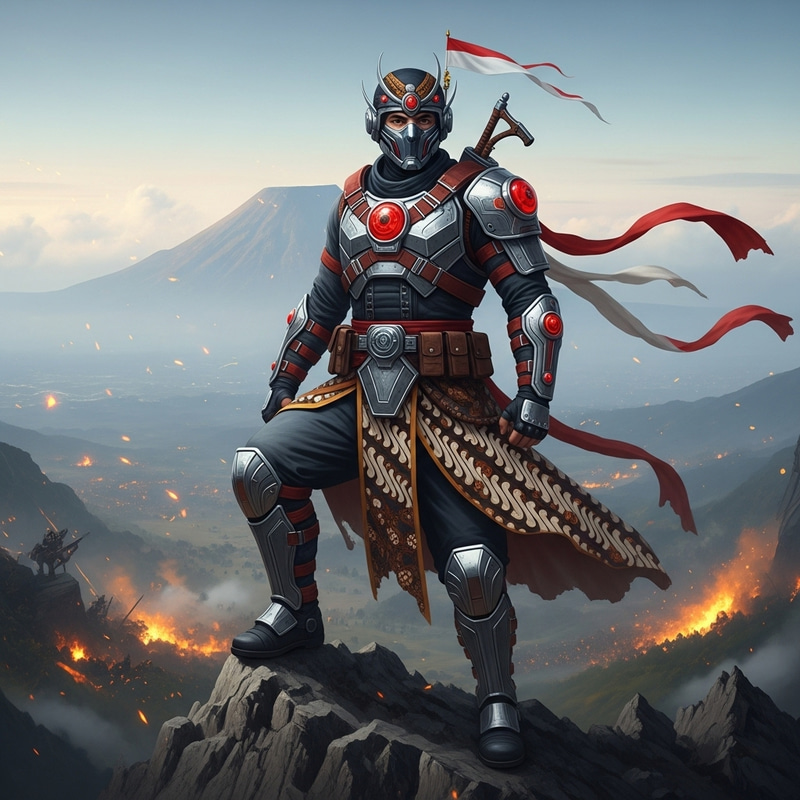 Indonesian Hero in High-Tech Batik Attire Conquers Epic Mountain Battlefield