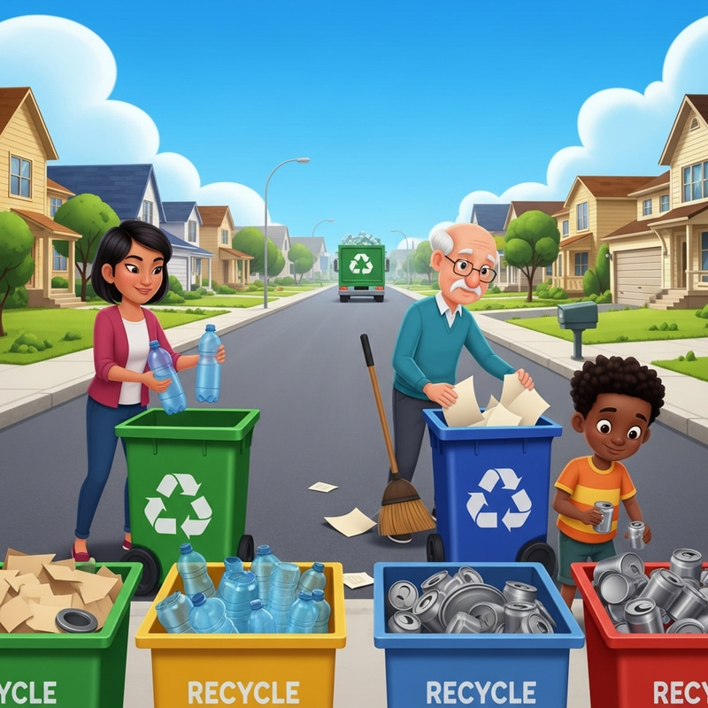 Recycle Day Activities in Sunny Suburban Street