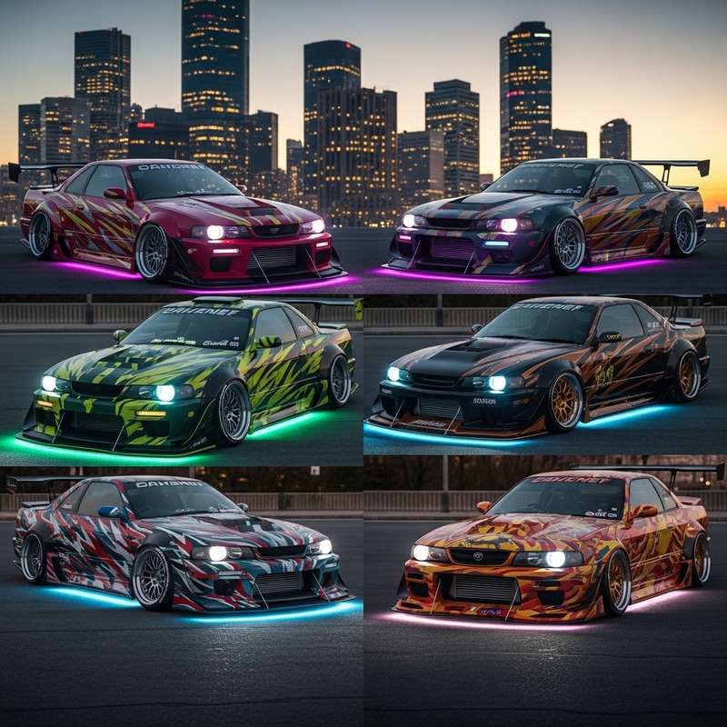 Tuned Cars Display in City with Vibrant Paint Jobs Tuned Cars Display in City with Vibrant Paint Jobs