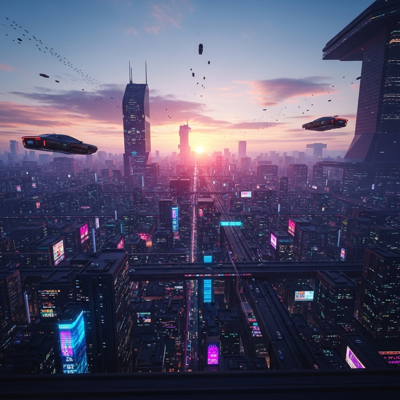 Neon Cyberpunk Cityscape at Sunset | Vibrant Futuristic Metropolis