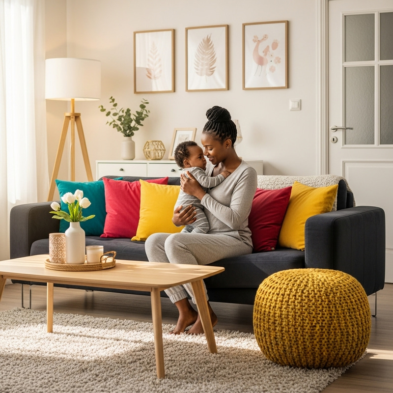 African Woman Cuddling Baby on Cozy Living Room Couch African Woman Cuddling Baby on Cozy Living Room Couch
