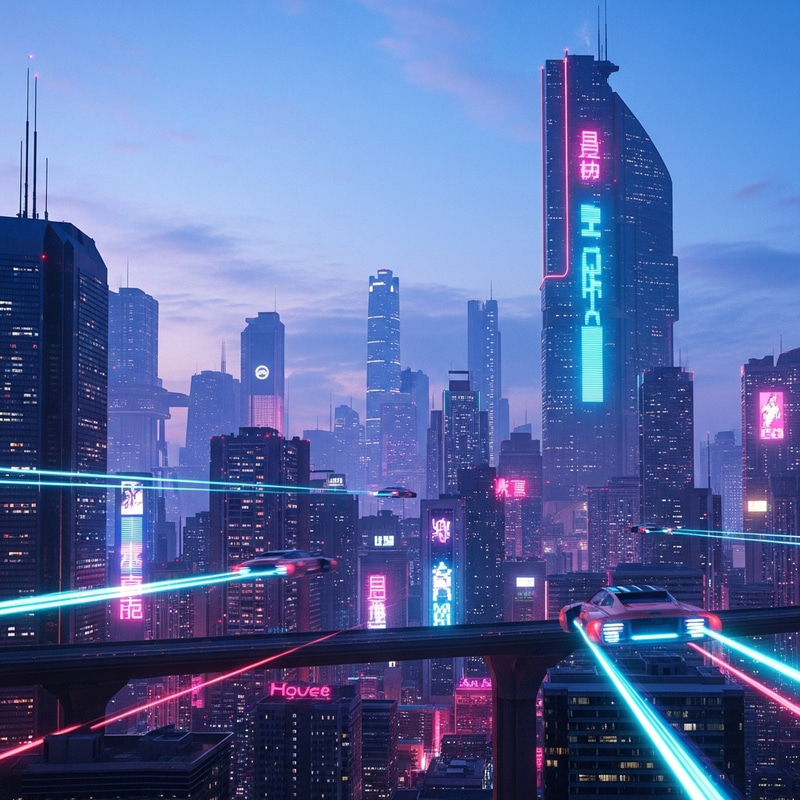 Futuristic Urban Landscape - Neon Lights & Flying Cars Futuristic Urban Landscape - Neon Lights & Flying Cars