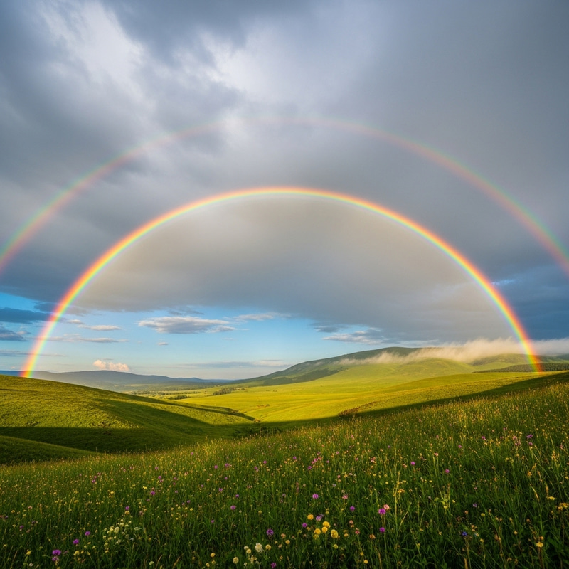 Rainbow Landscape: Serene Meadows and Misty Hills