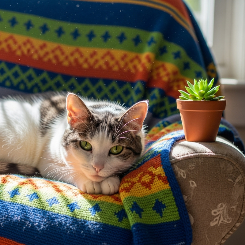 Adorable Cat Relaxing on Colorful Blanket with Small Plant