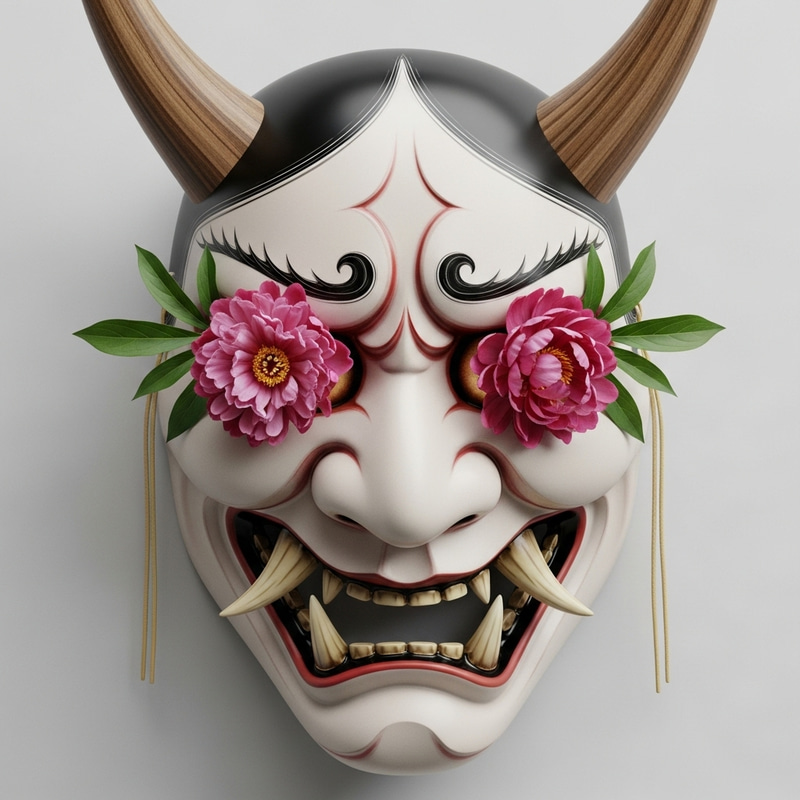 Japanese Demon Hannya Mask with Peonies as Eyes Japanese Demon Hannya Mask with Peonies as Eyes