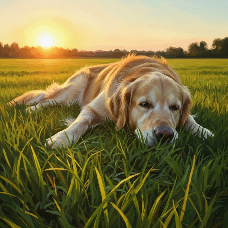 Tranquil Sunset Dog In Meadow - Impressionist Nature Painting
