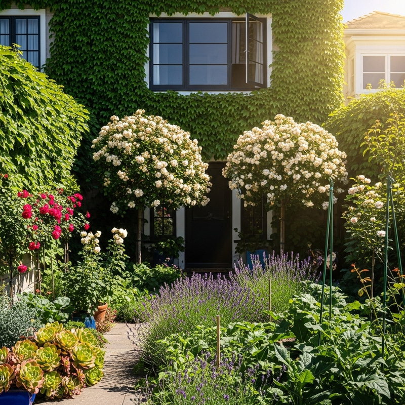 Sunny Home Garden with Unique Black Windows and Blooming Plants Sunny Home Garden with Unique Black Windows and Blooming Plants