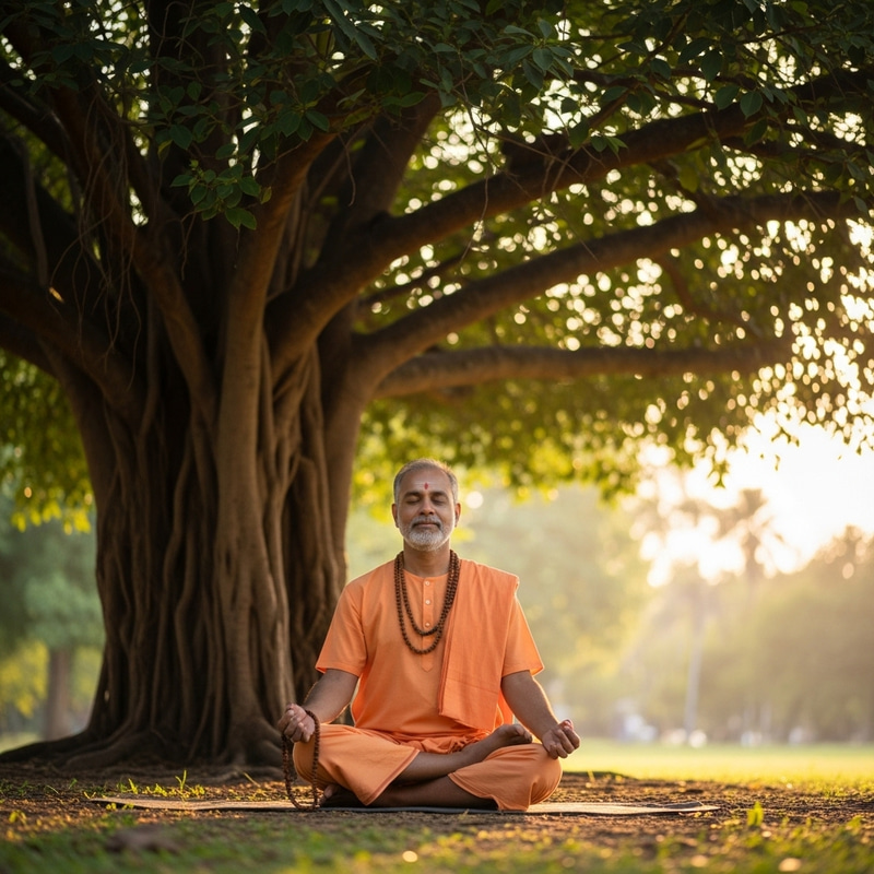 South Asian Hindu Guru Meditating Under Banyan Tree