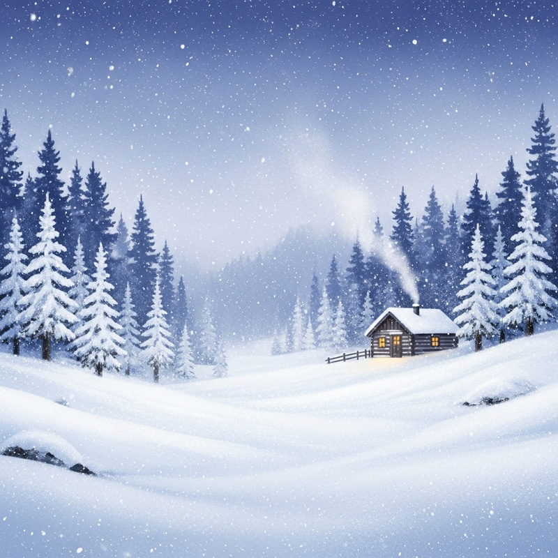 Serene Winter Scene with Charming Cabin - Snowy Bliss