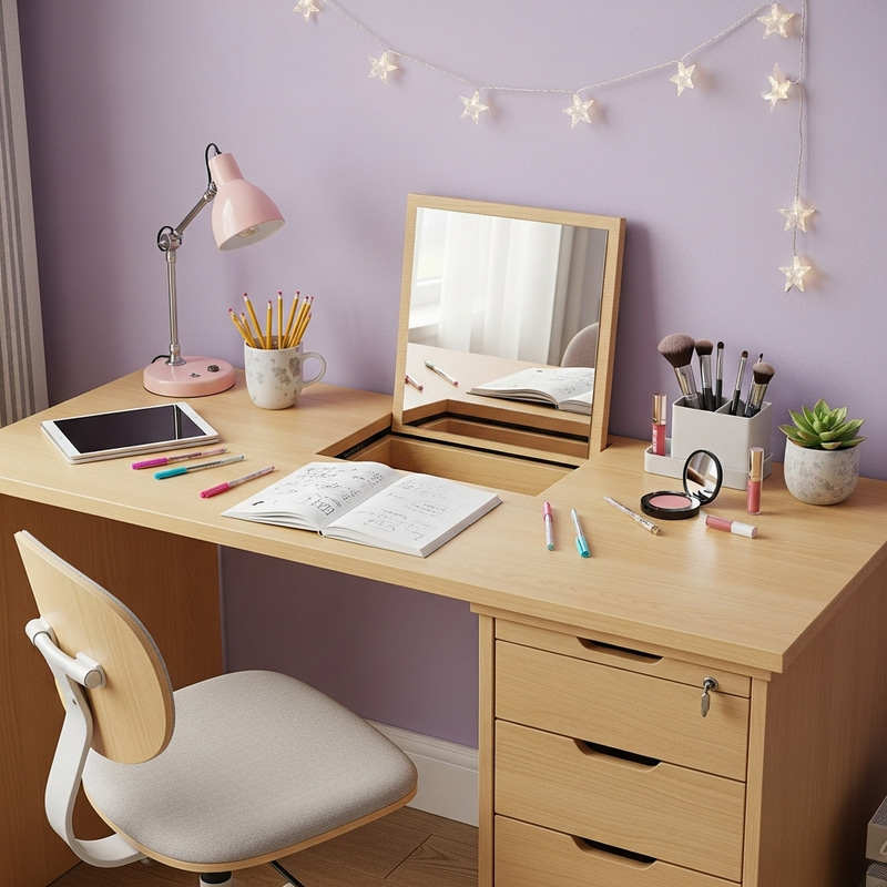 Teen Girl Writing & Dressing Table with Foldable Mirror Teen Girl Writing & Dressing Table with Foldable Mirror
