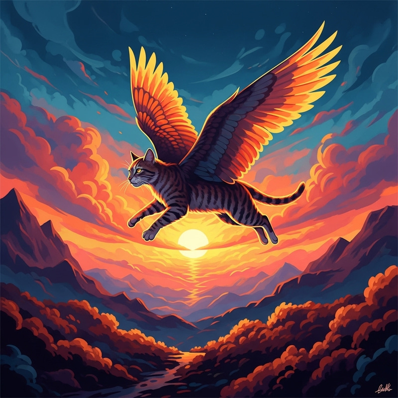 Graceful Winged Cat Soaring Over Fiery Fantasy Landscape Graceful Winged Cat Soaring Over Fiery Fantasy Landscape