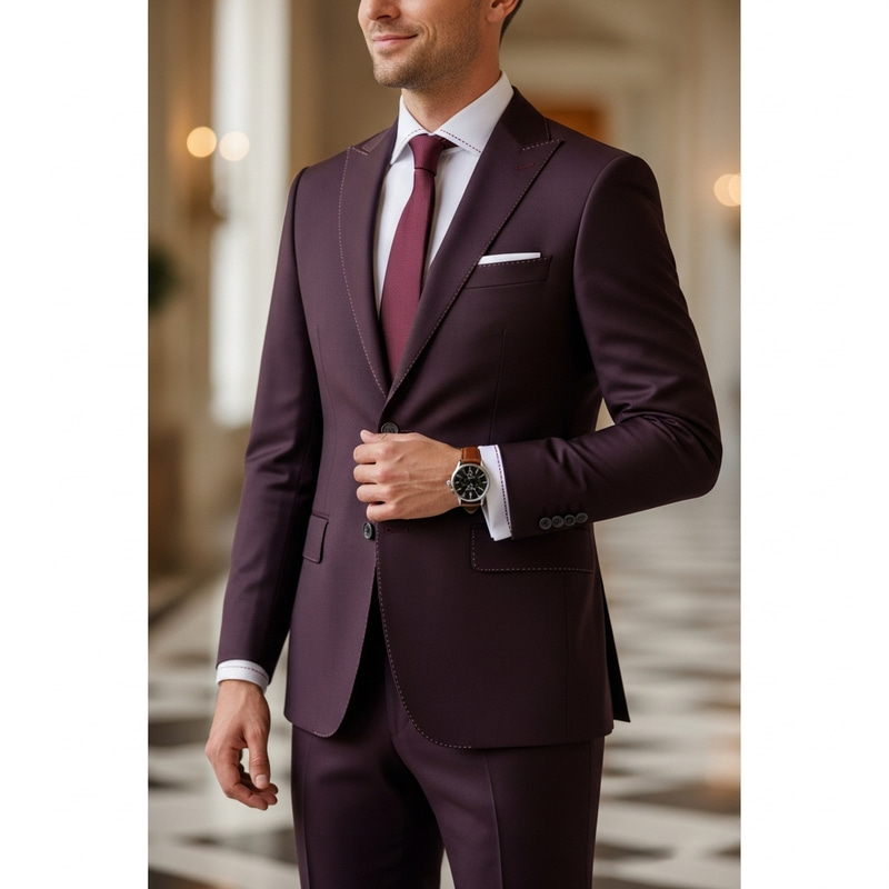 Modern Dark Burgundy Groom's Suit with Stylish Accessories Modern Dark Burgundy Groom's Suit with Stylish Accessories