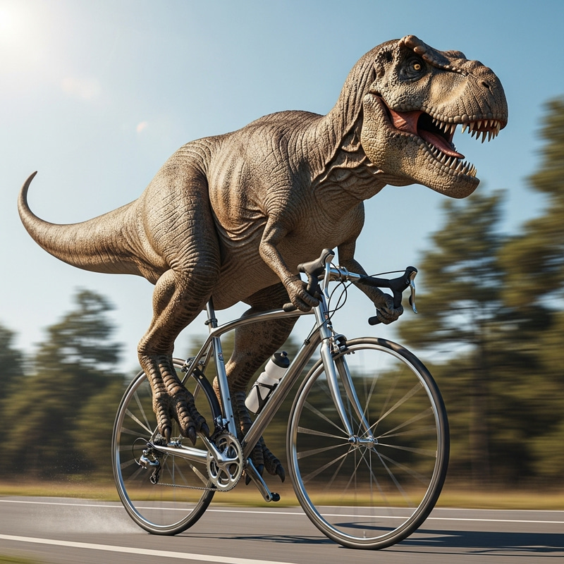 T-Rex on Roadbike: Enormous Dinosaur in Action T-Rex on Roadbike: Enormous Dinosaur in Action