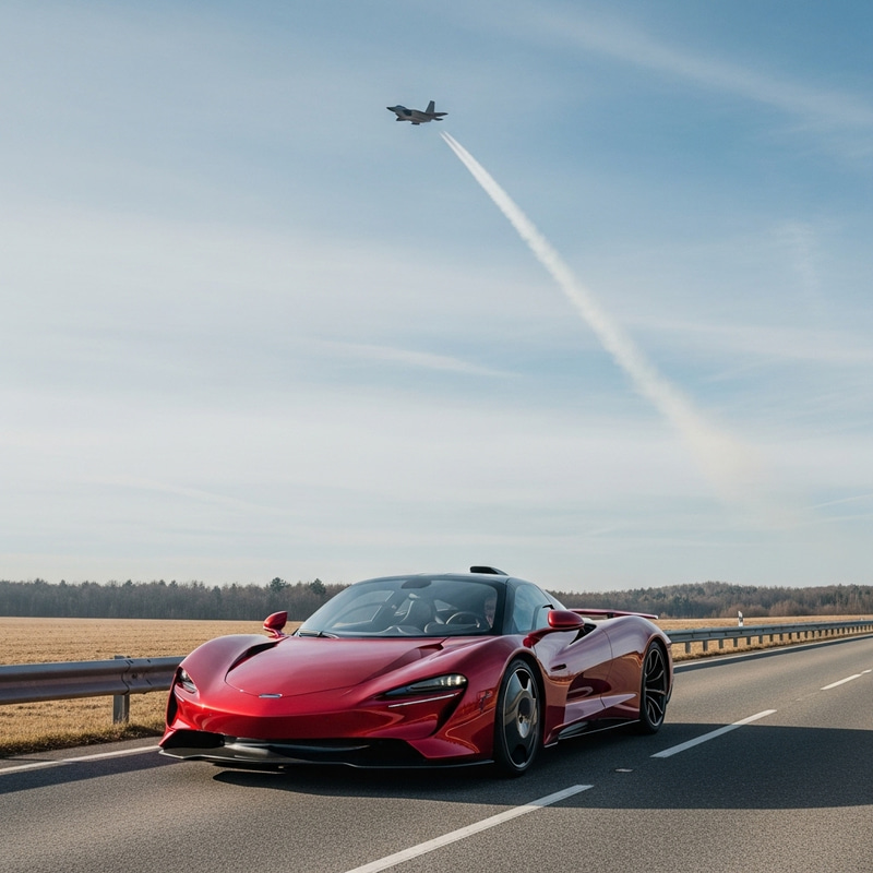 Winter Sky: F-22 Raptor High Up & Red McLaren Speedtail Winter Sky: F-22 Raptor High Up & Red McLaren Speedtail