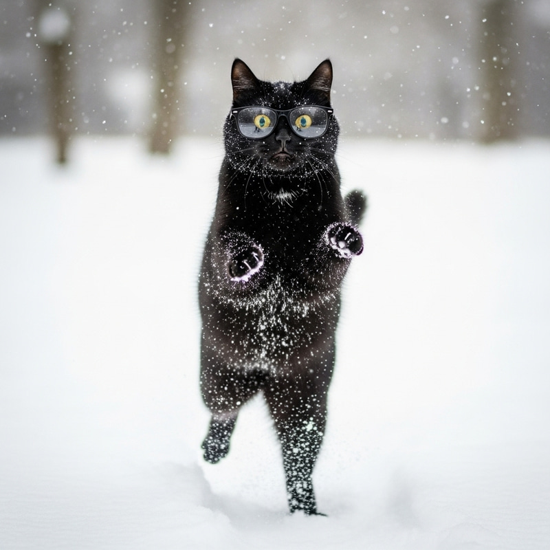 Playful Black Cat in Glasses Leaping on Snowy Ground Playful Black Cat in Glasses Leaping on Snowy Ground
