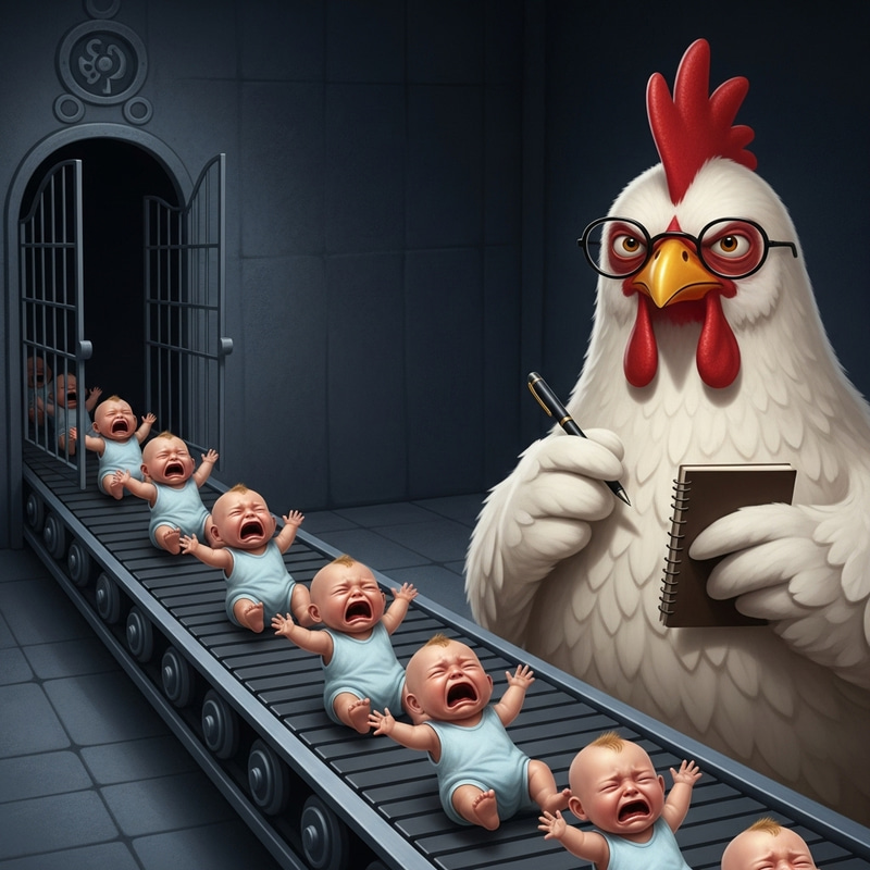 Serious Chicken Observes Crying Babies at Gate Serious Chicken Observes Crying Babies at Gate