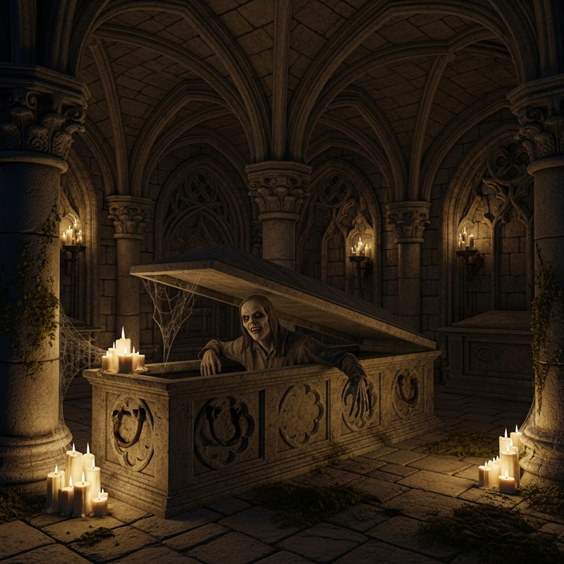 Ghoul Emerging from Stone Coffin in Gothic Crypt Candlelight Ghoul Emerging from Stone Coffin in Gothic Crypt Candlelight